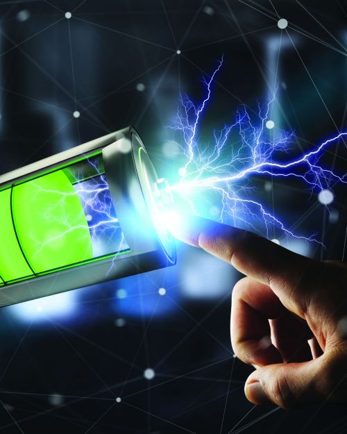 Man on blurred background touching 3D render battery with lightning with his finger